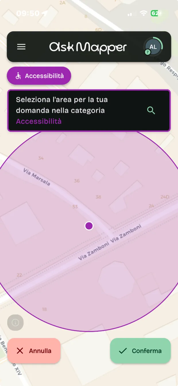 Schermata dell'app AskMapper: selezione dell'area della domanda intorno a via Zamboni, categoria Accessibilità, con i pulsanti Annulla e Conferma
